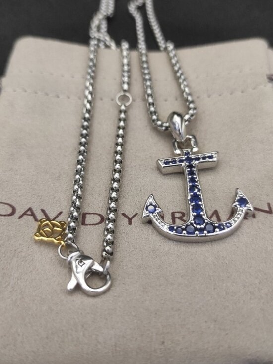David Yurman 925 Silver Sapphire Anchor Necklace with Original Pouch